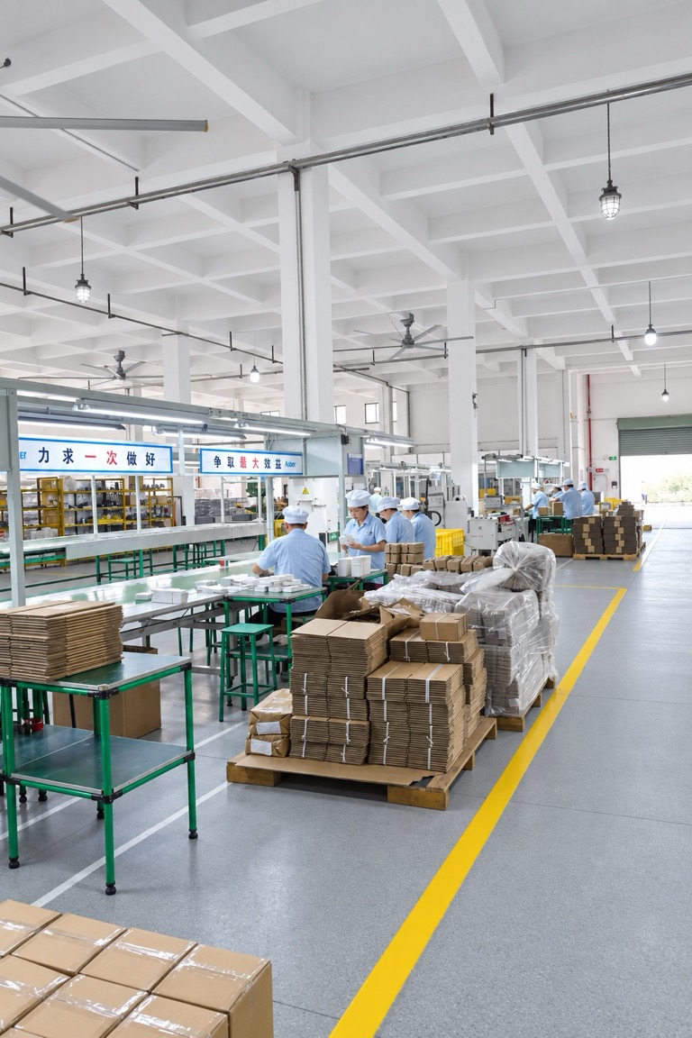 Packaging workshop with cartons and protective materials