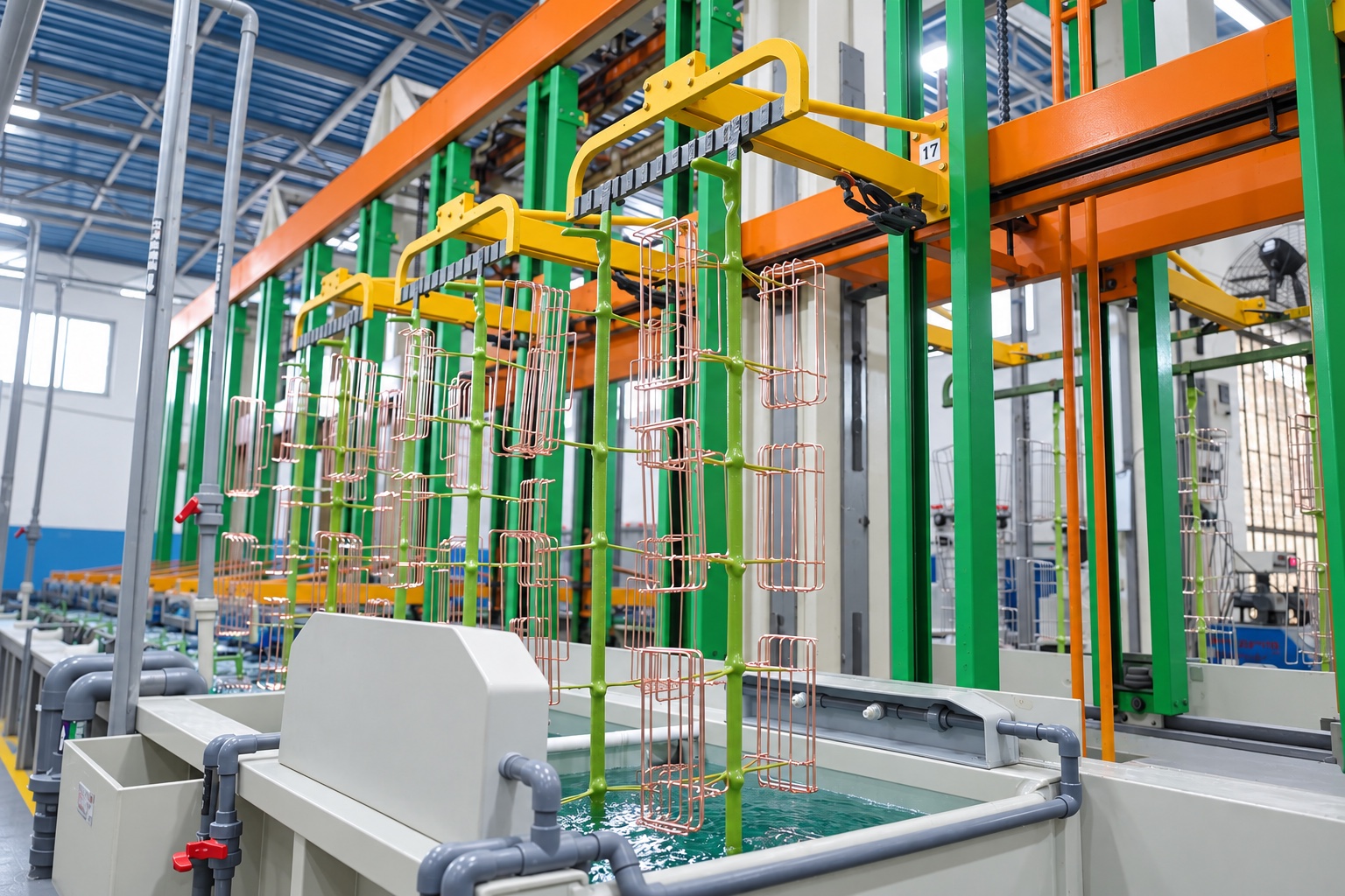 Metal wire baskets above a surface-treatment bath
