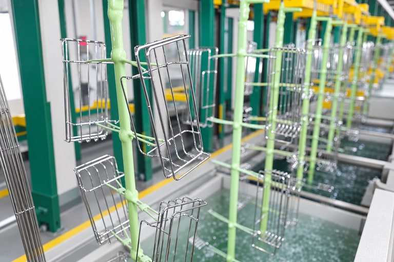Metal products on electroplating racks
